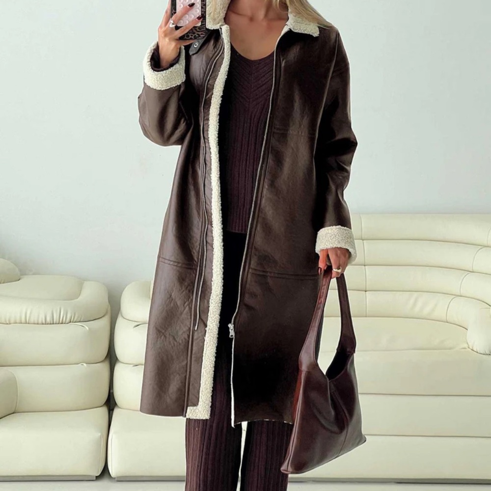 AMMELIA SHEARLING LONG-LINE JACKET BROWN by Princess Polly